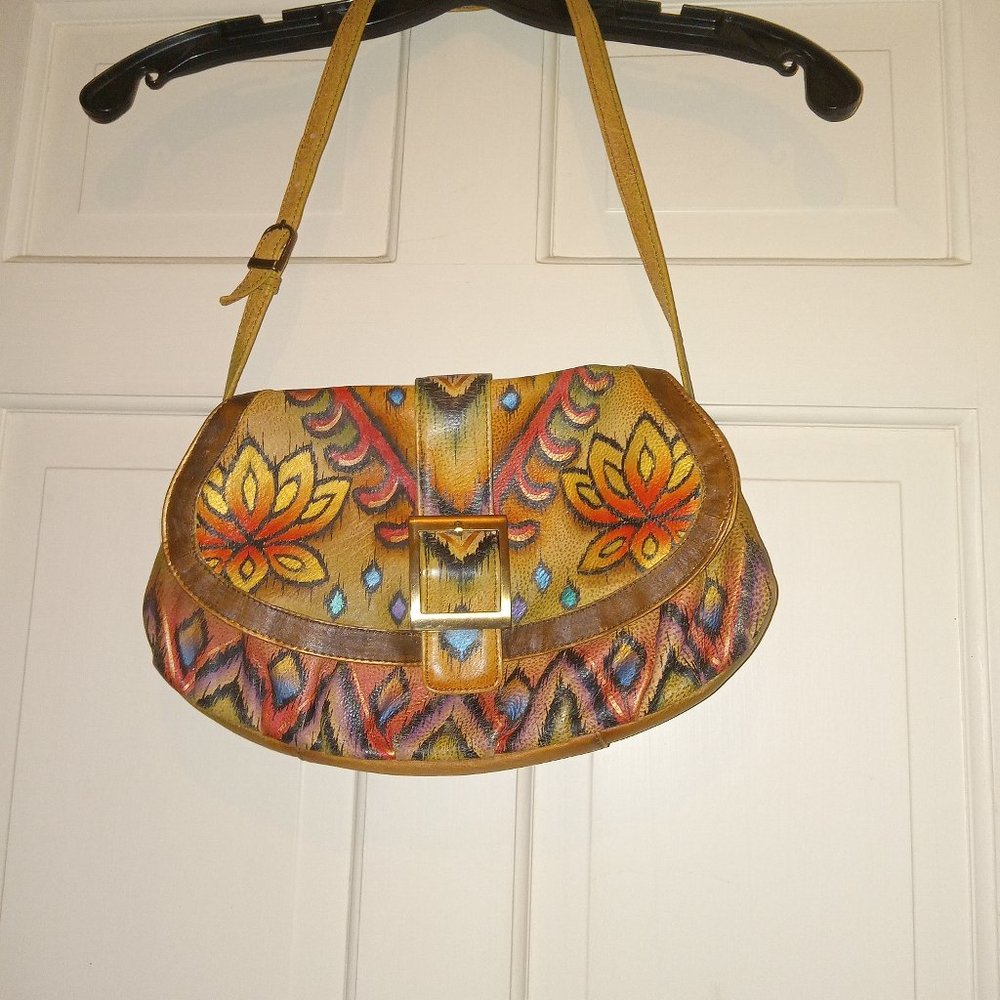 Anuschka Hand painted Leather shoulder bag floral, spade Yellow and brown bag